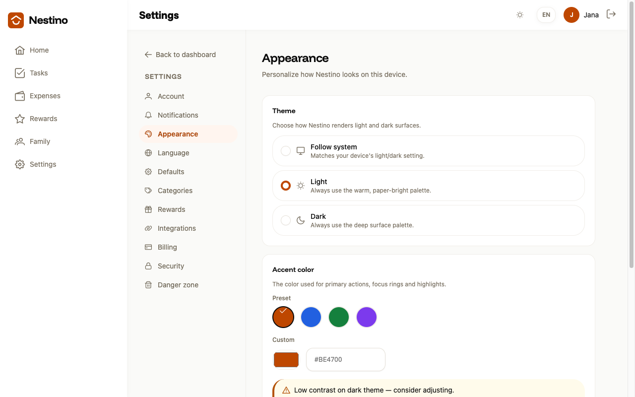 The Appearance screen with theme, accent color and density selectors