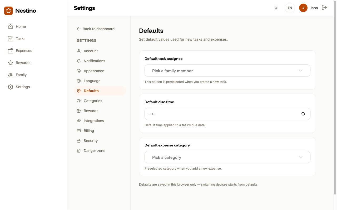 The Defaults screen with empty fields for assignee, time and category