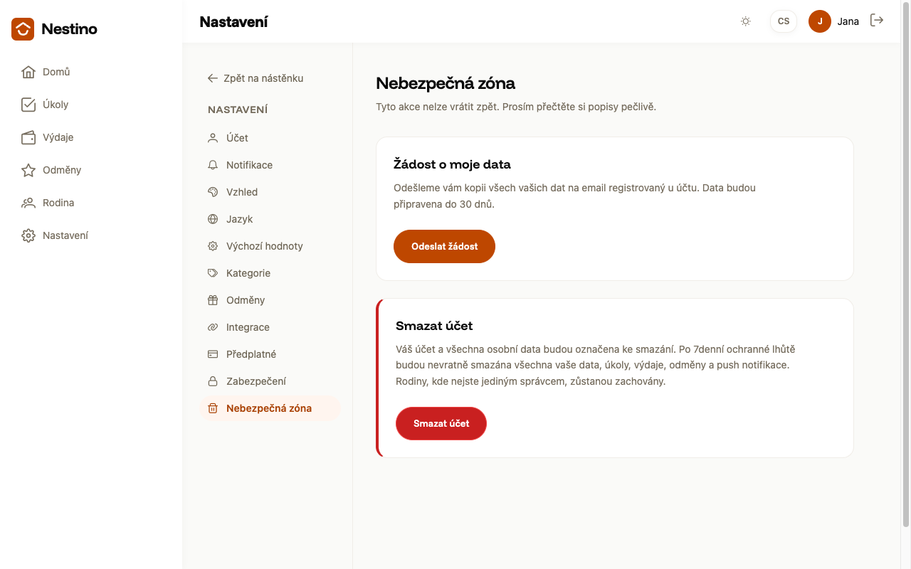 Stránka Nebezpečná zóna s kartou Žádost o moje data a kartou Smazat účet