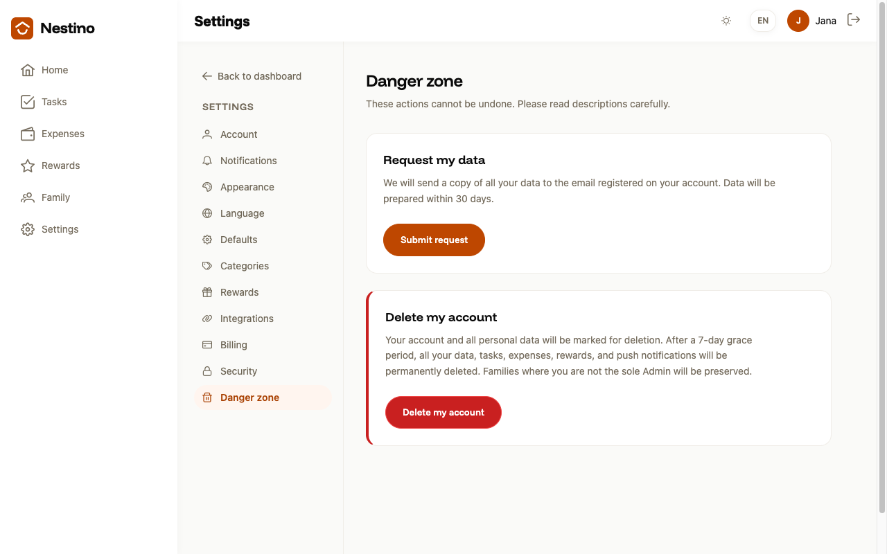 The Danger zone page with the Request my data card and the Delete my account card