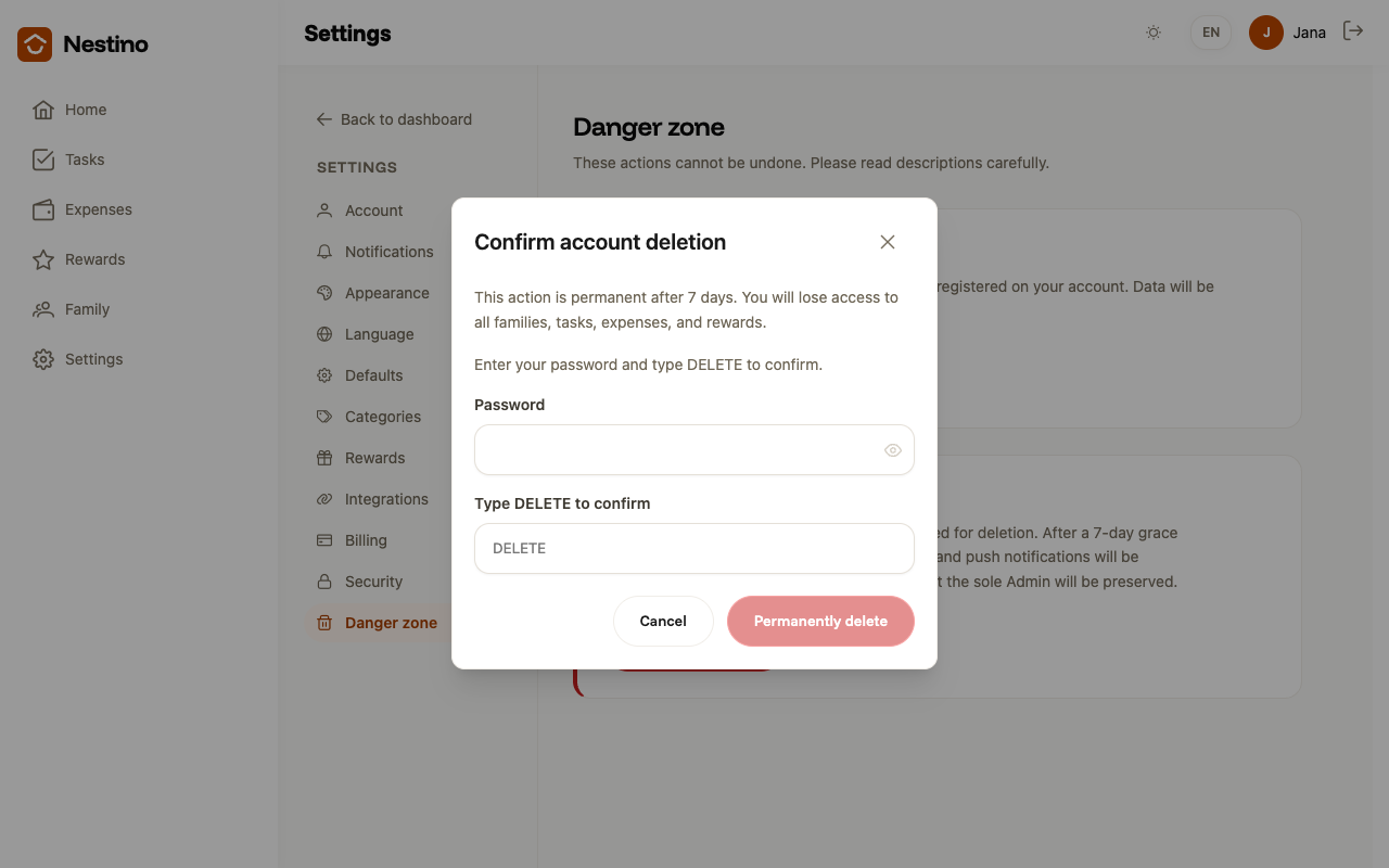 The Confirm account deletion dialog with a password field and a field for typing DELETE