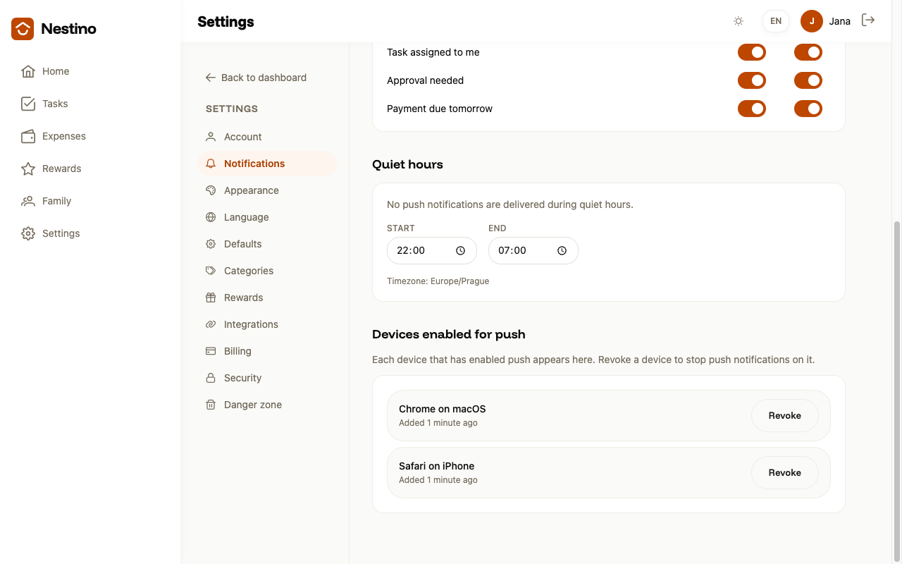 A list of two devices enabled for push, each with its own Revoke button