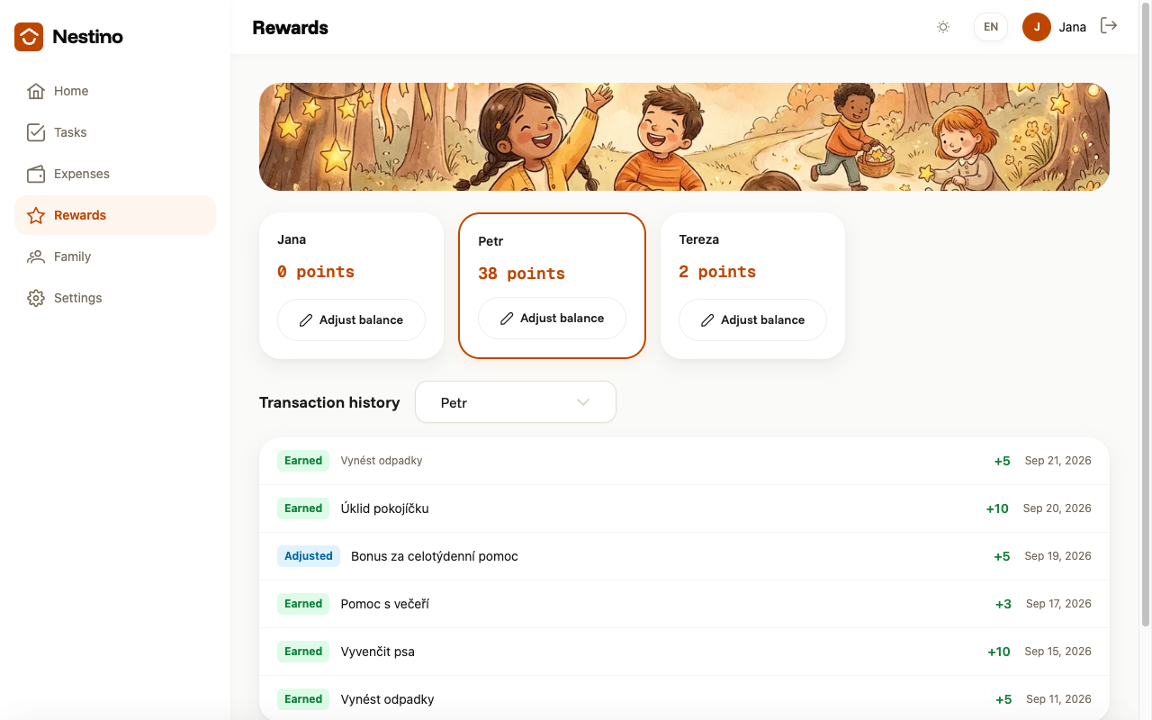 The Rewards page with family members' balance cards and transaction history