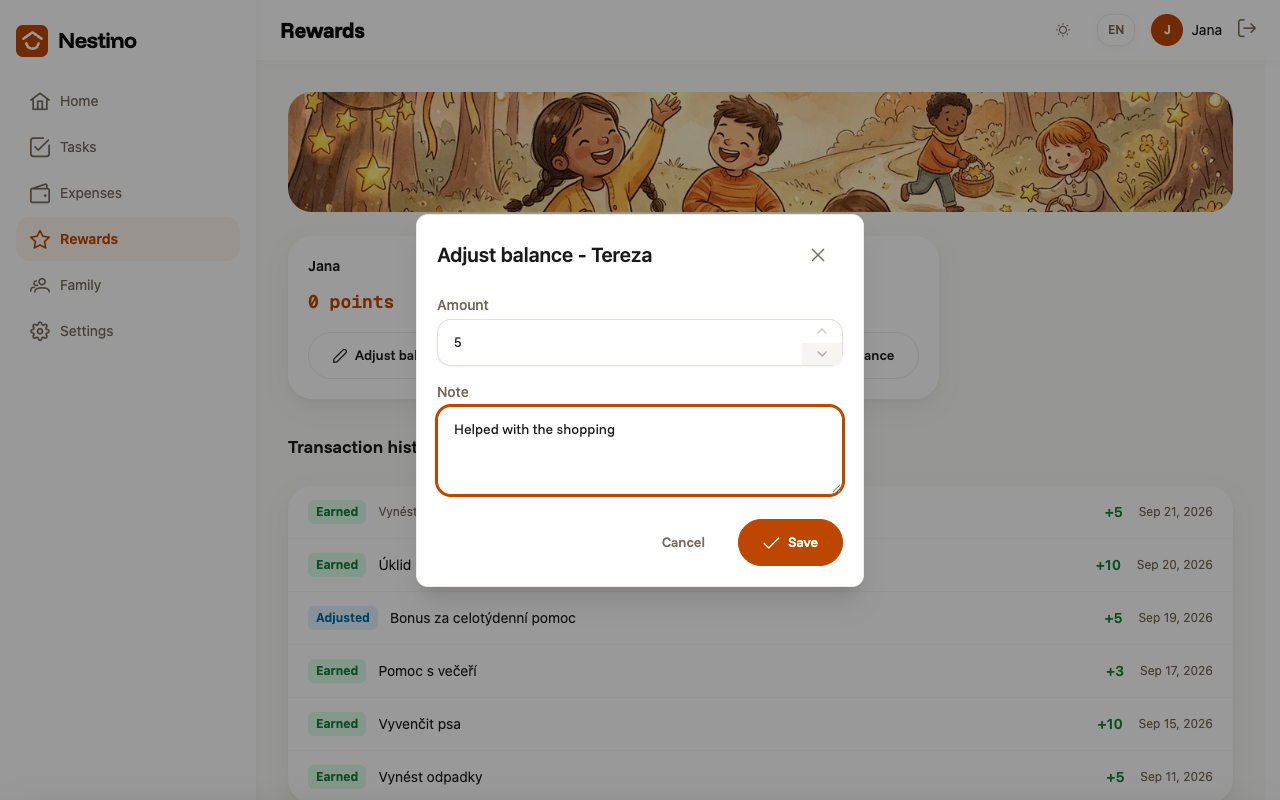 The Adjust balance dialog with an amount and note filled in