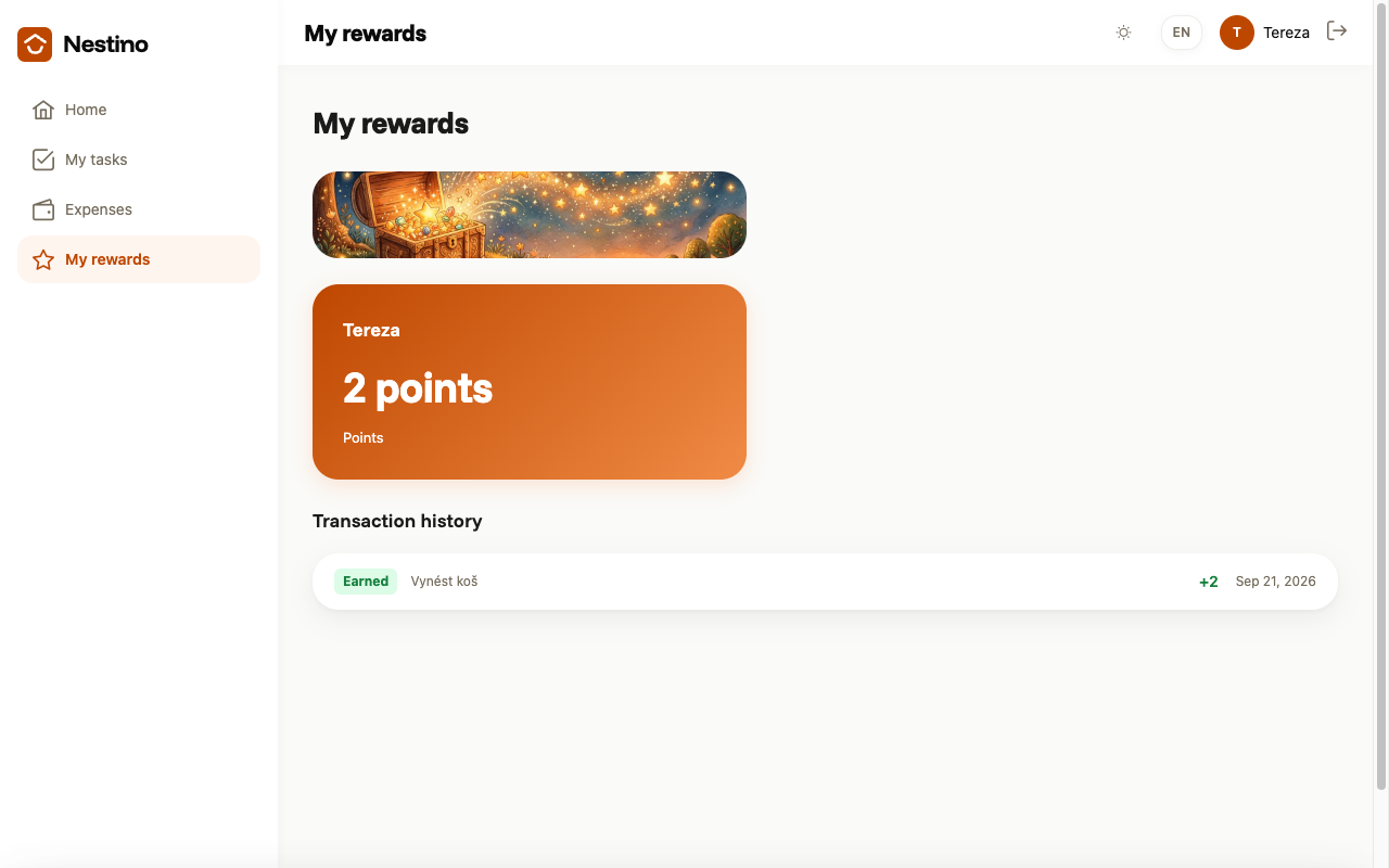 Child's My rewards view with one balance card and their own transaction history