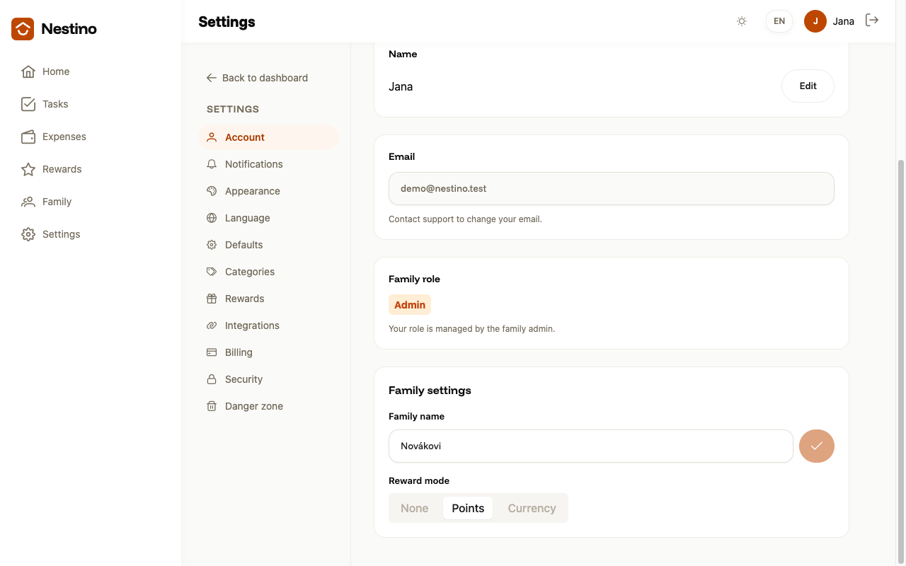 The Family settings card with the Reward mode switch set to Points