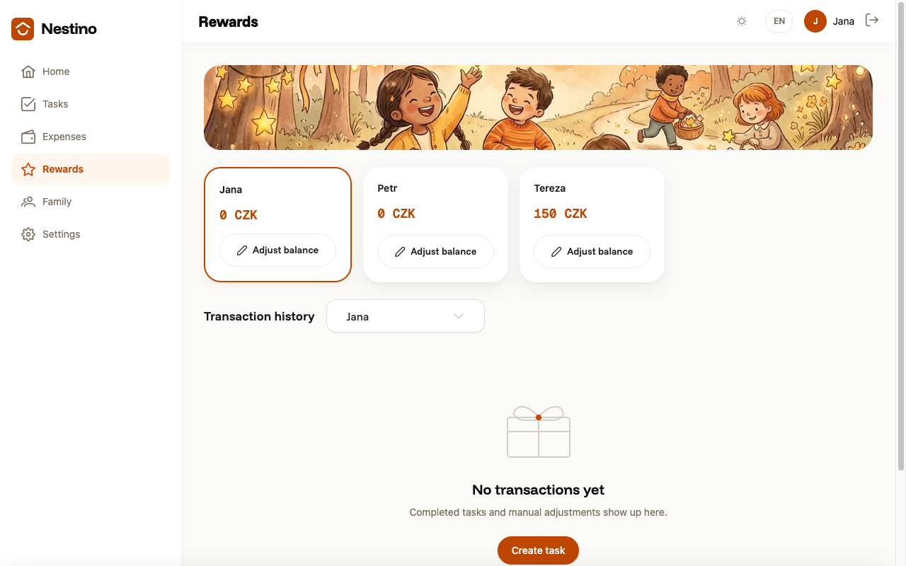 The Rewards page in Currency mode with balances in CZK and an empty transaction history after switching modes