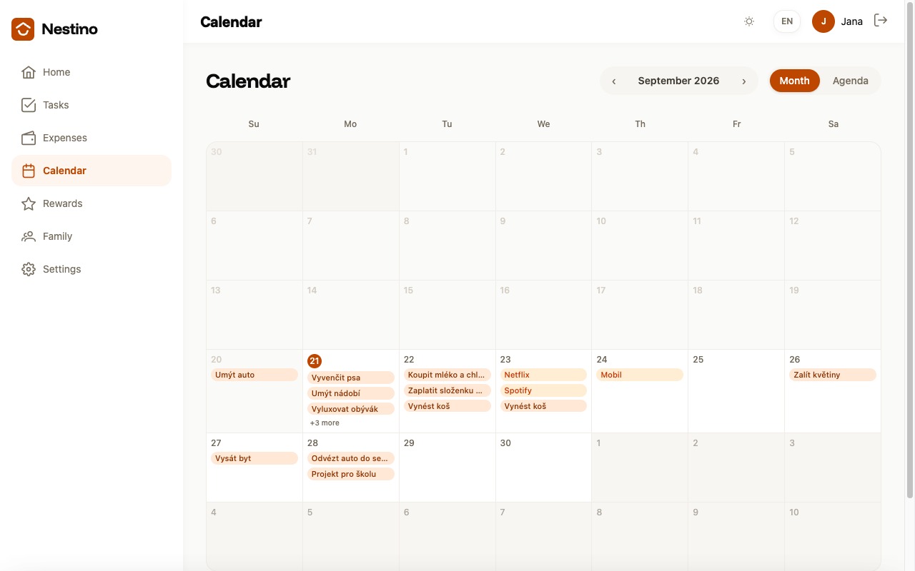 Month view of the calendar with weekdays Sun through Sat, today highlighted, and tasks and payments on individual days