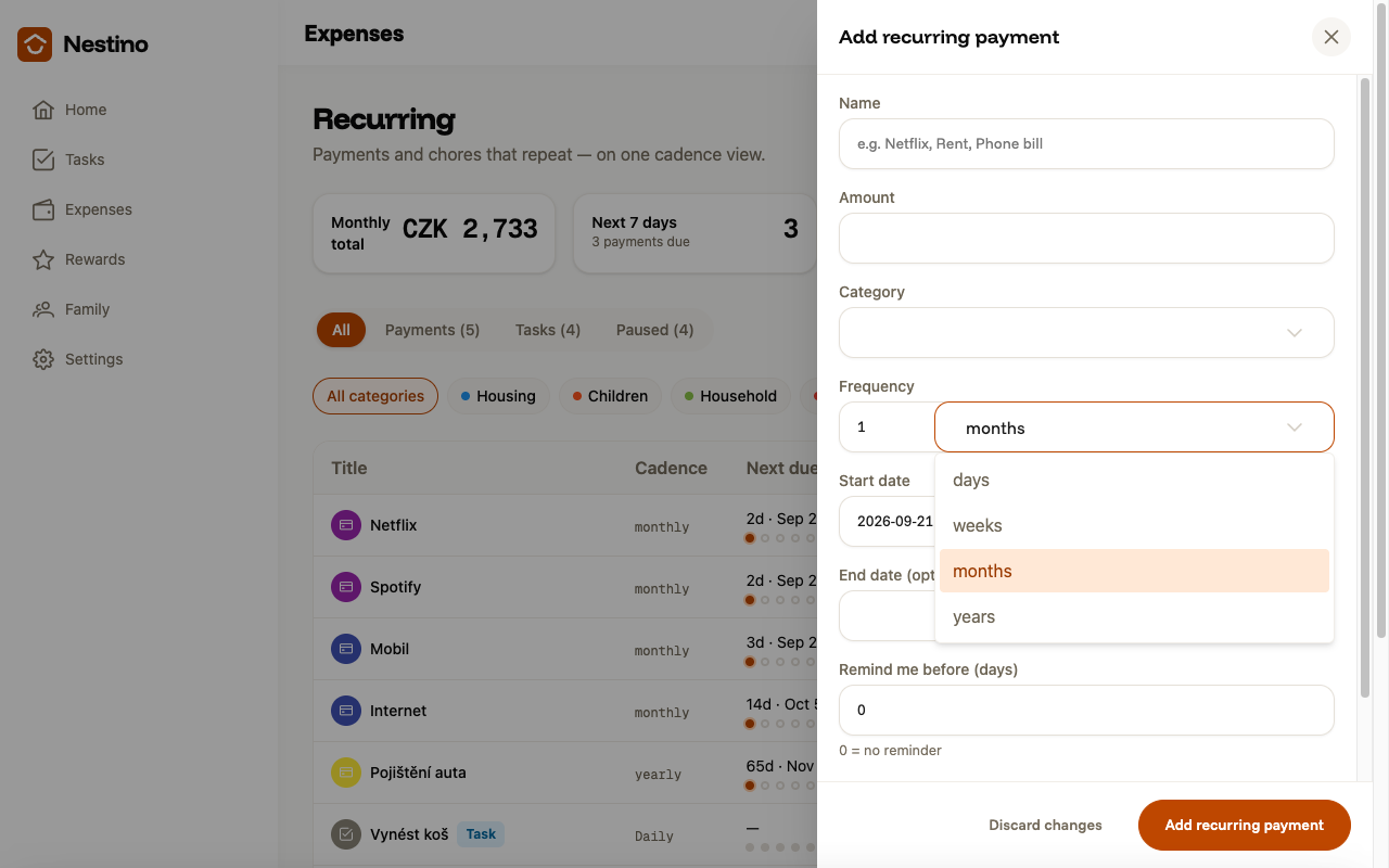 Recurring payment form with the frequency unit menu open: days, weeks, months, years