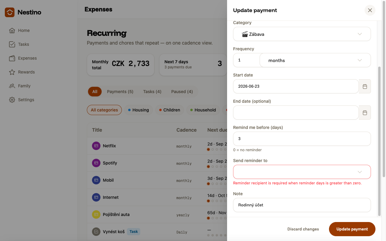 Recurring payment form with an error message under the empty Send reminder to field