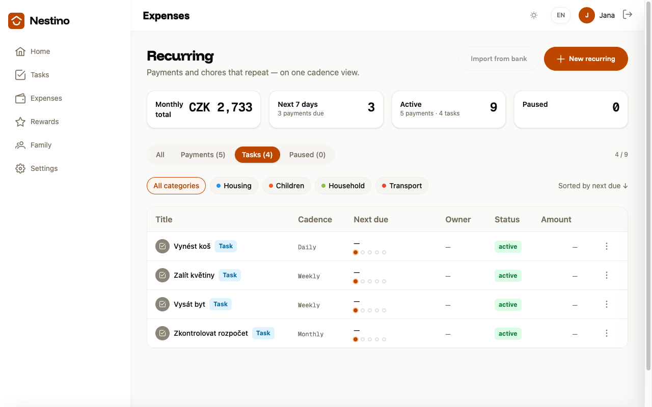 The Tasks tab in Recurring with four recurring task templates, all in the active state