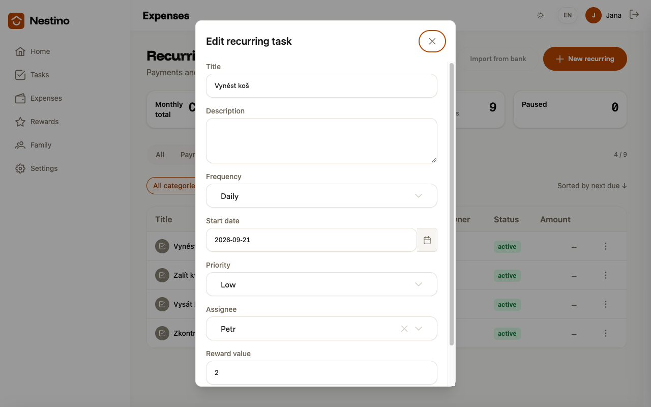 The Edit recurring task dialog pre-filled with frequency, priority, assignee and reward value