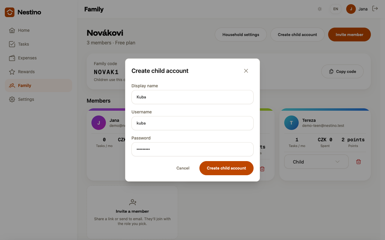 The Create child account dialog with the Display name, Username and Password fields filled in