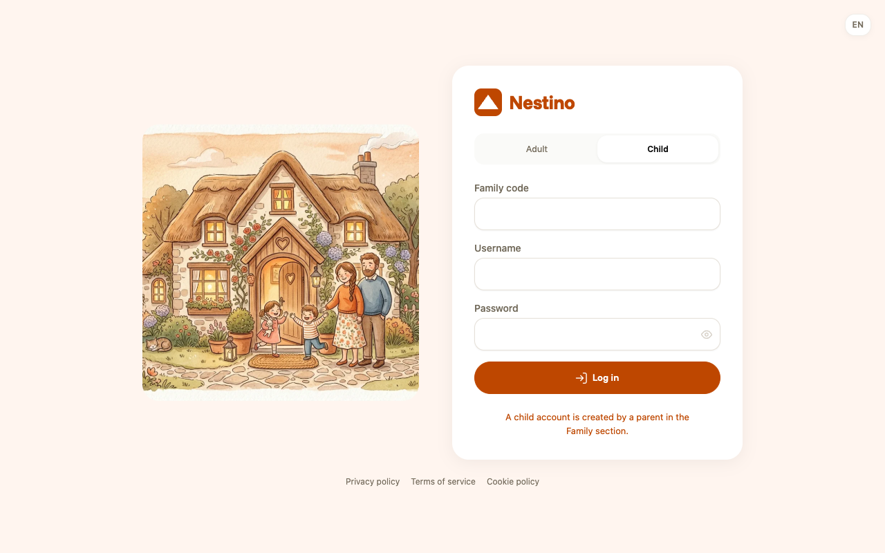 The sign-in page with the Child tab and the Family code, Username and Password fields