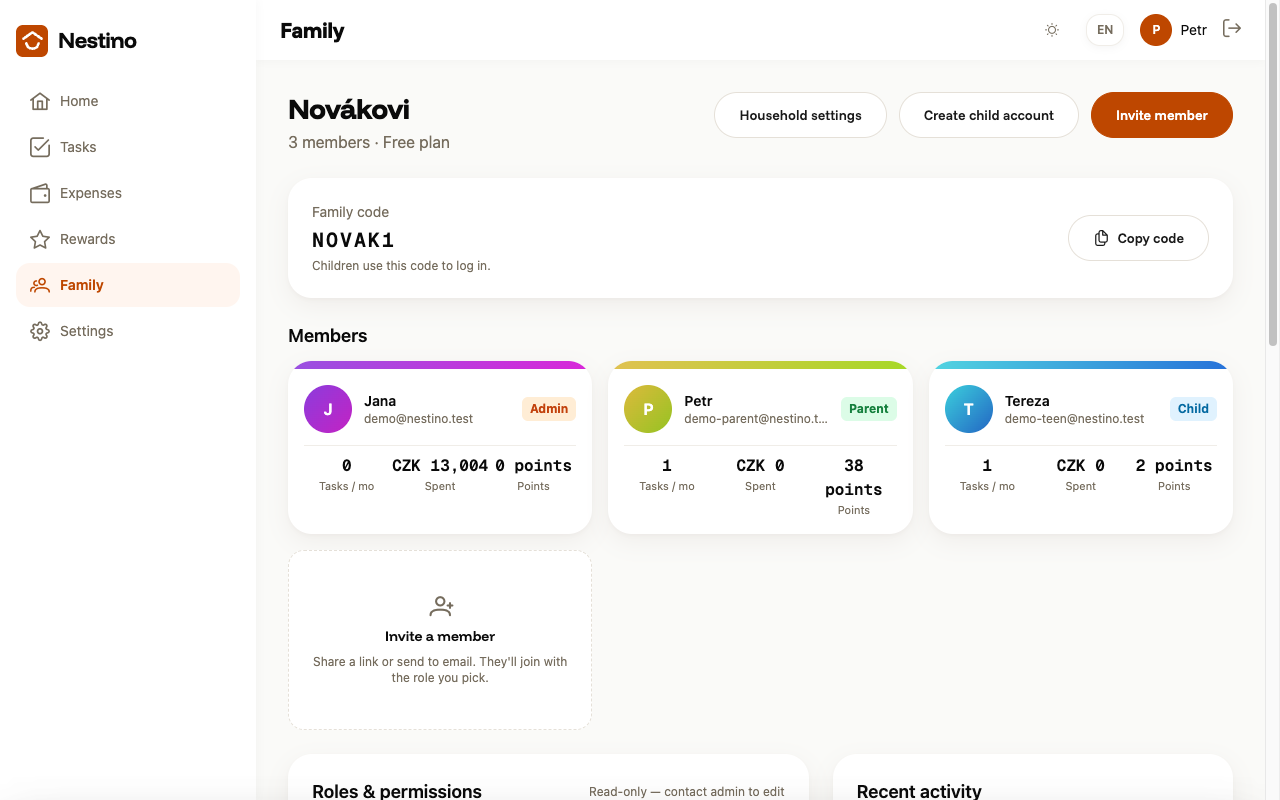 The Family page from a parent's view: the Invite member and Create child account buttons are active, but member cards have no role choice or remove button