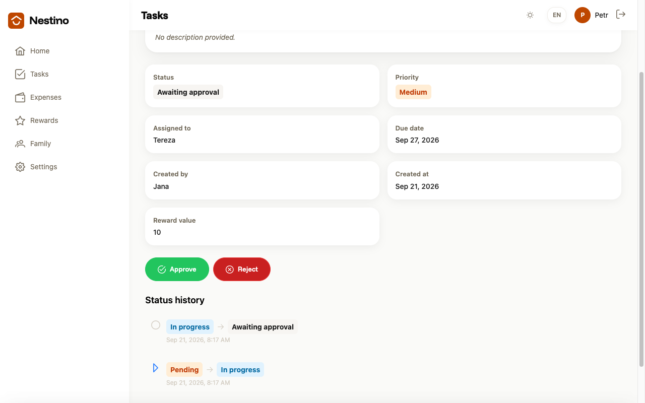 Task detail in the Awaiting approval status with Approve and Reject buttons