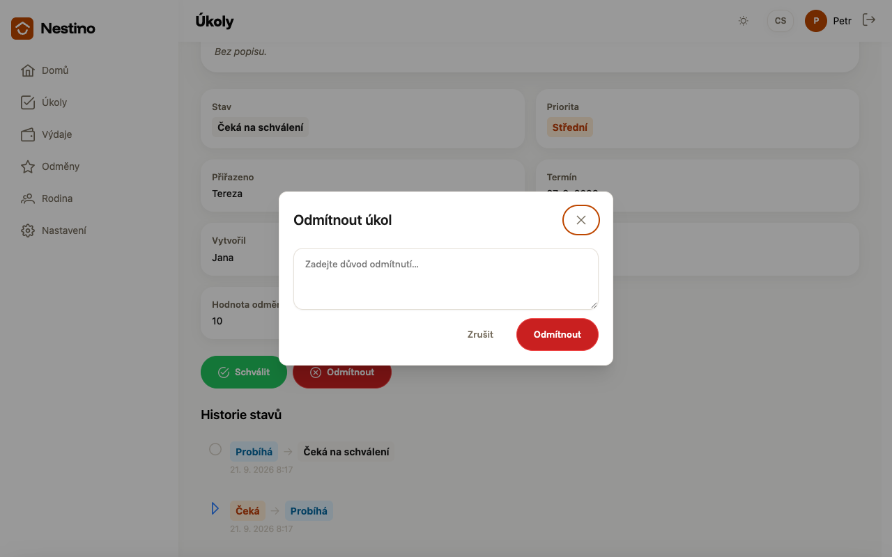 Otevřený modál Odmítnout úkol s prázdným polem pro důvod