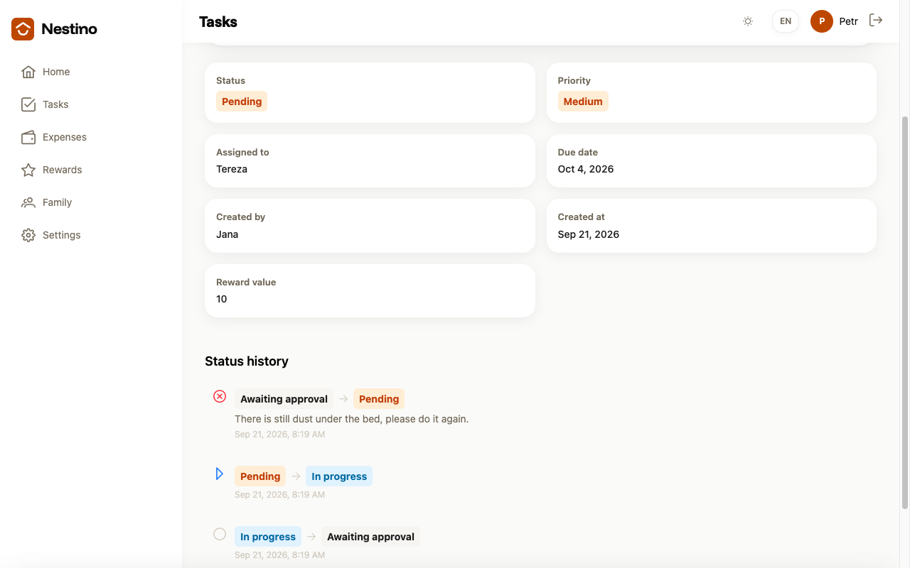 Task detail after rejection, back in the Pending status with the reason in the history