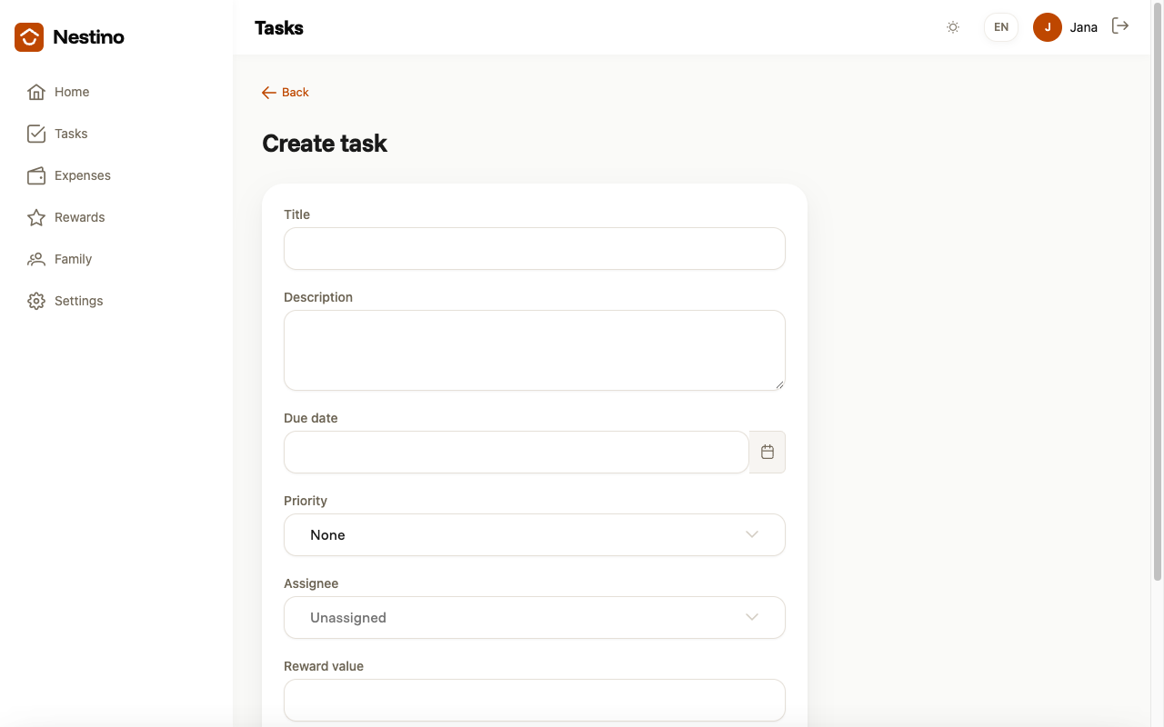 The new-task form with the Title, Description, Due date, Priority and Assignee fields