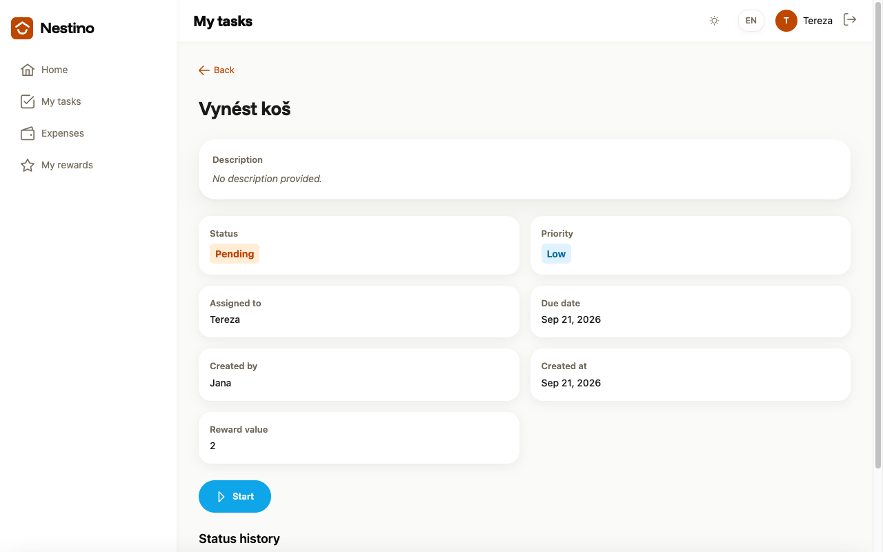 Task detail in the Pending status with a Start button