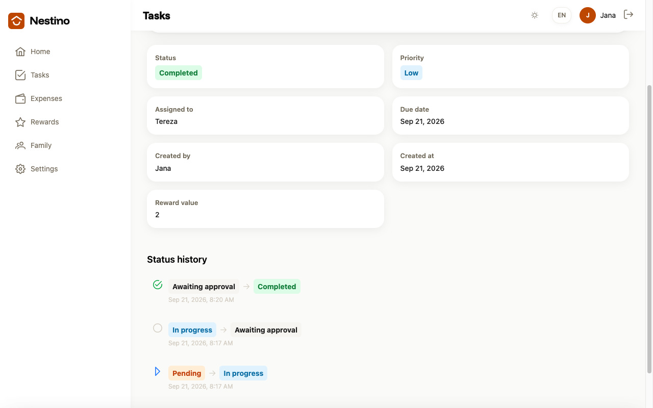 Detail of a completed task with a history of three status transitions