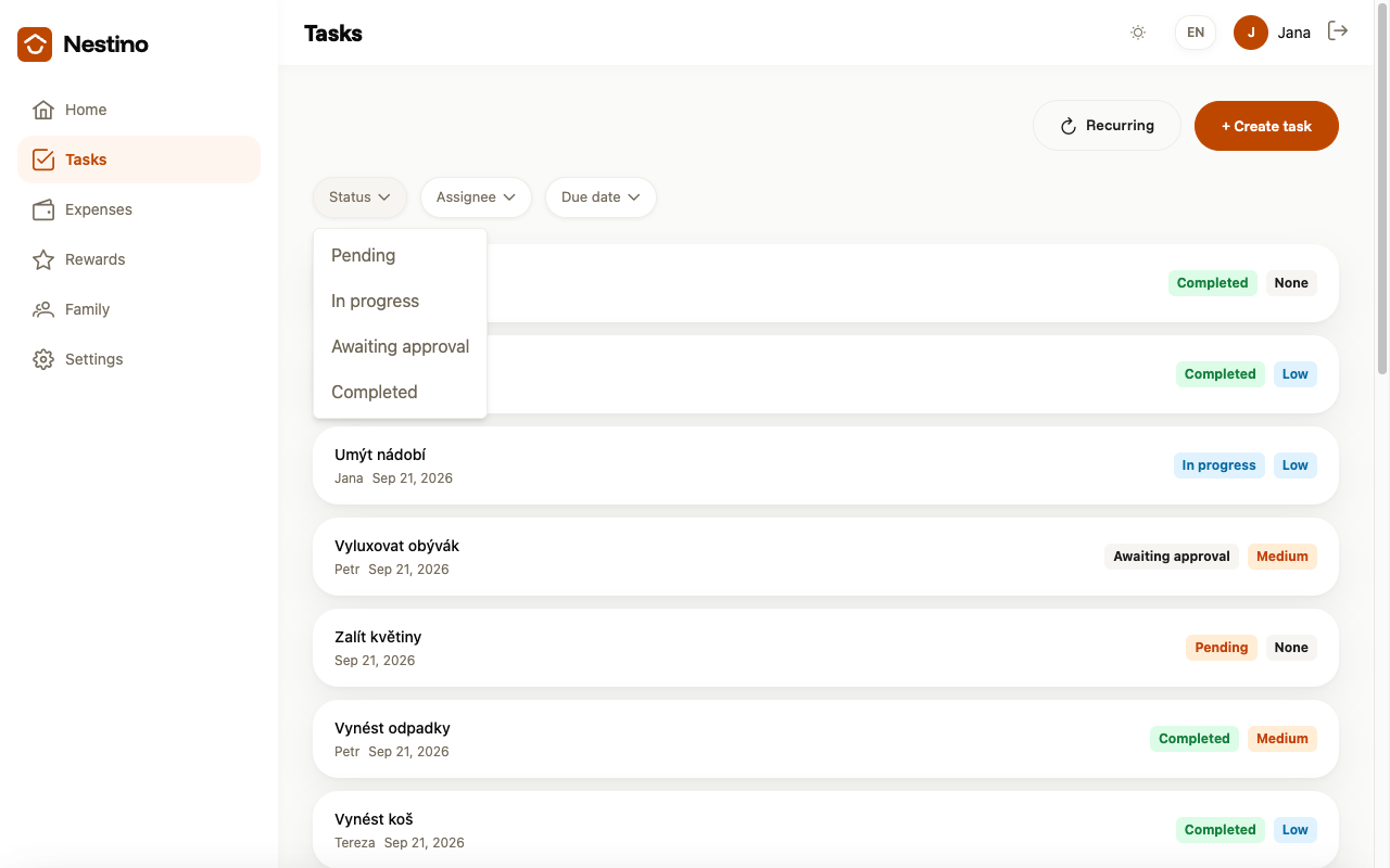 Task list with the status filter open, offering all four options