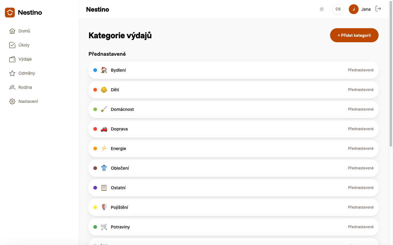 Stránka Kategorie výdajů se seznamem přednastavených kategorií a tlačítkem + Přidat kategorii