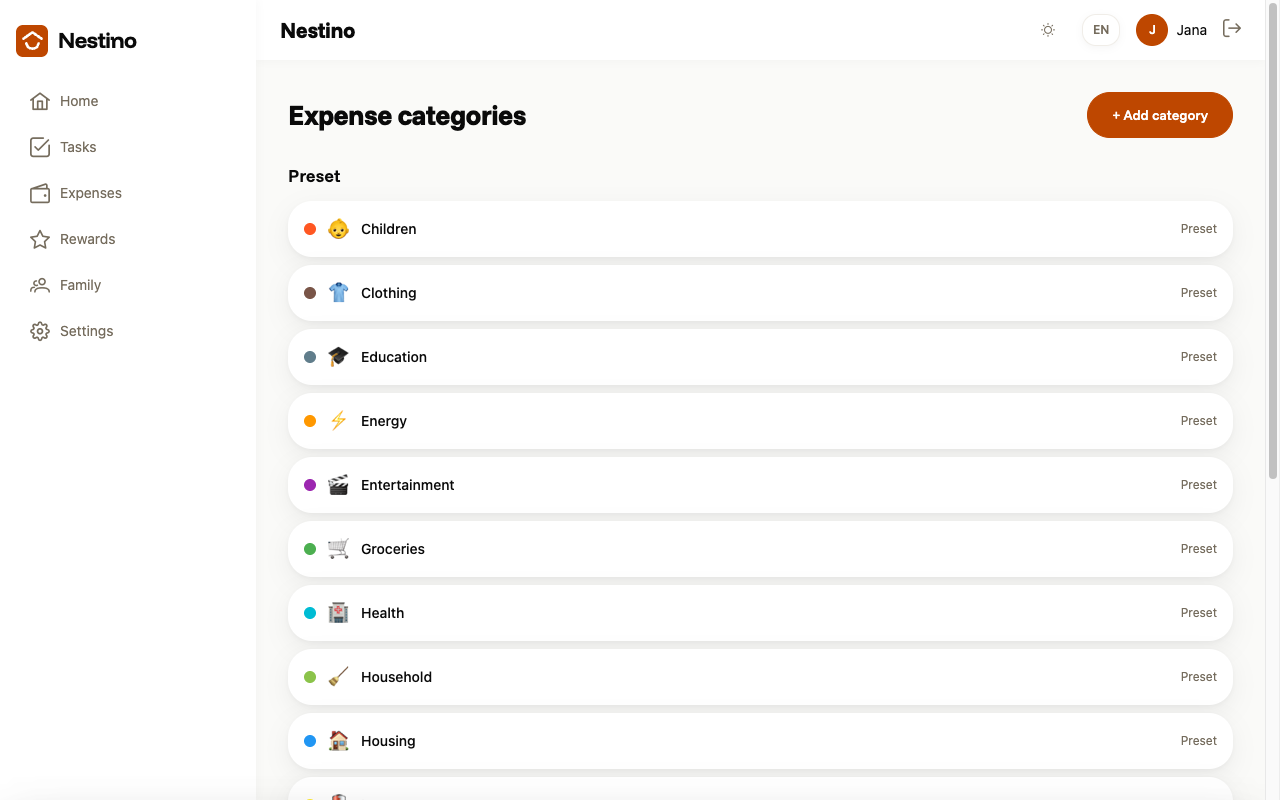 The Expense categories page with the list of preset categories and the + Add category button