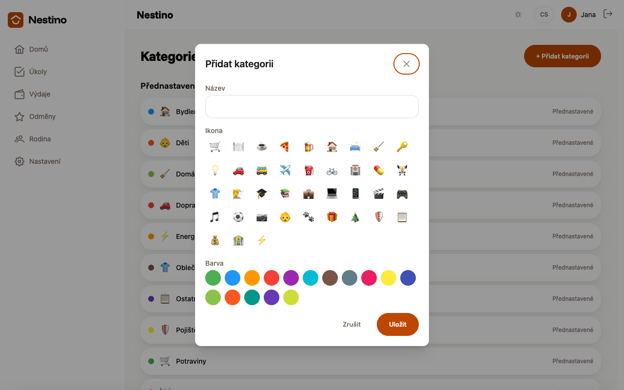 Dialog Přidat kategorii s polem Název, mřížkou ikon a paletou barev