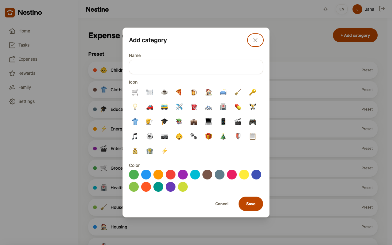 The Add category dialog with the Name field, icon grid and color palette