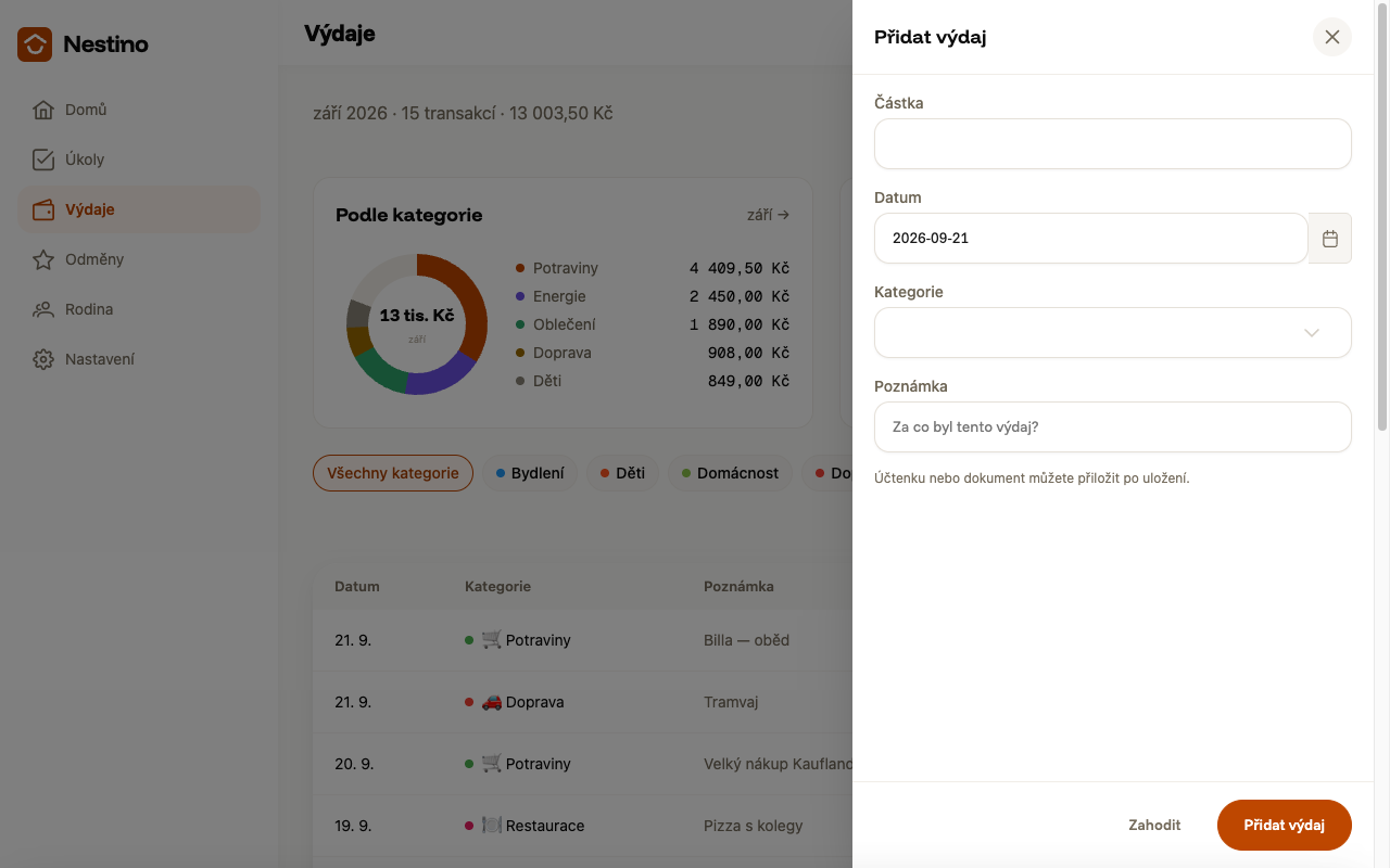 Formulář nového výdaje s poli Částka, Datum, Kategorie a Poznámka