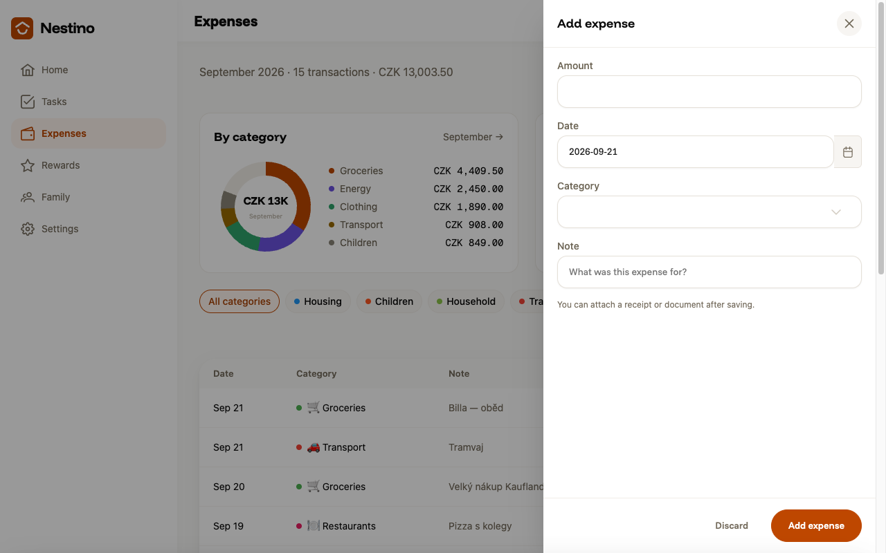 The new-expense form with the Amount, Date, Category and Note fields