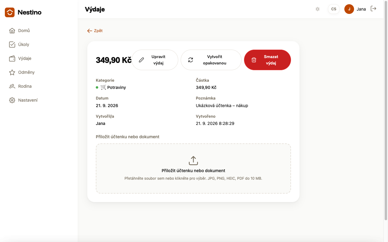Detail výdaje bez účtenky s prázdnou přetahovací zónou