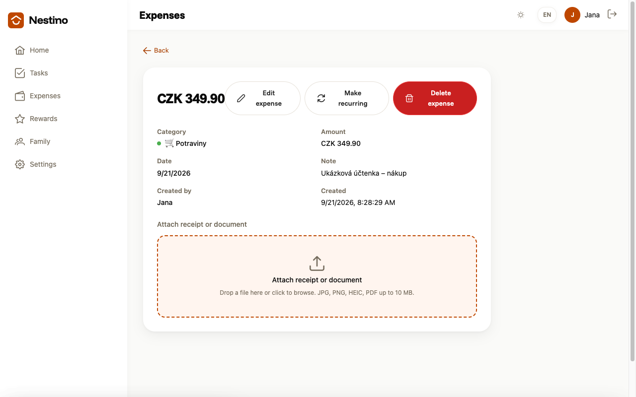 Expense detail without a receipt, showing an empty drop zone