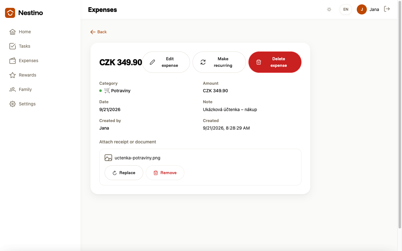 Expense detail with an uploaded receipt and Replace and Remove buttons