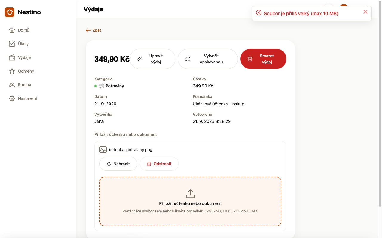 Chybová hláška Soubor je příliš velký nad otevřenou přetahovací zónou