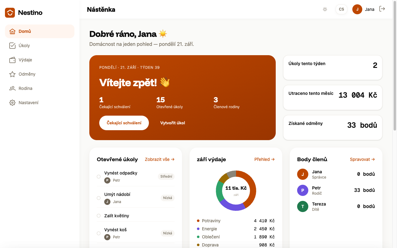 Horní část nástěnky s pozdravem, hero kartou a třemi dlaždicemi