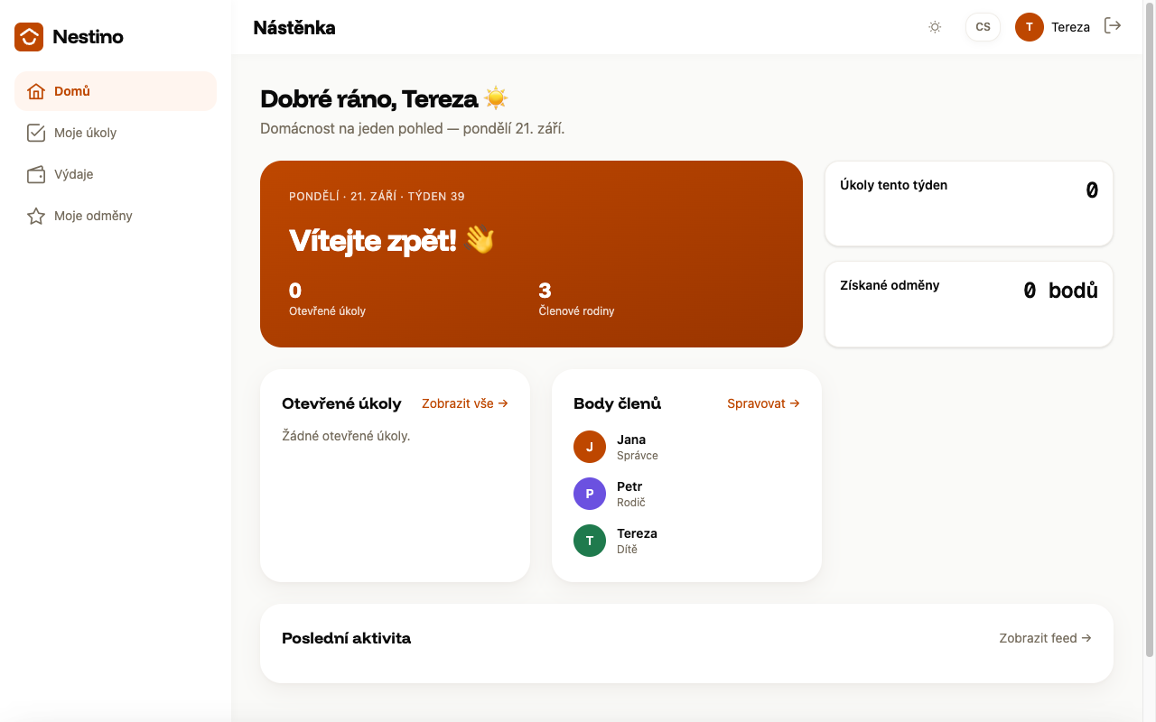 Nástěnka v zobrazení pro dítě se dvěma počítadly a bez karty výdajů