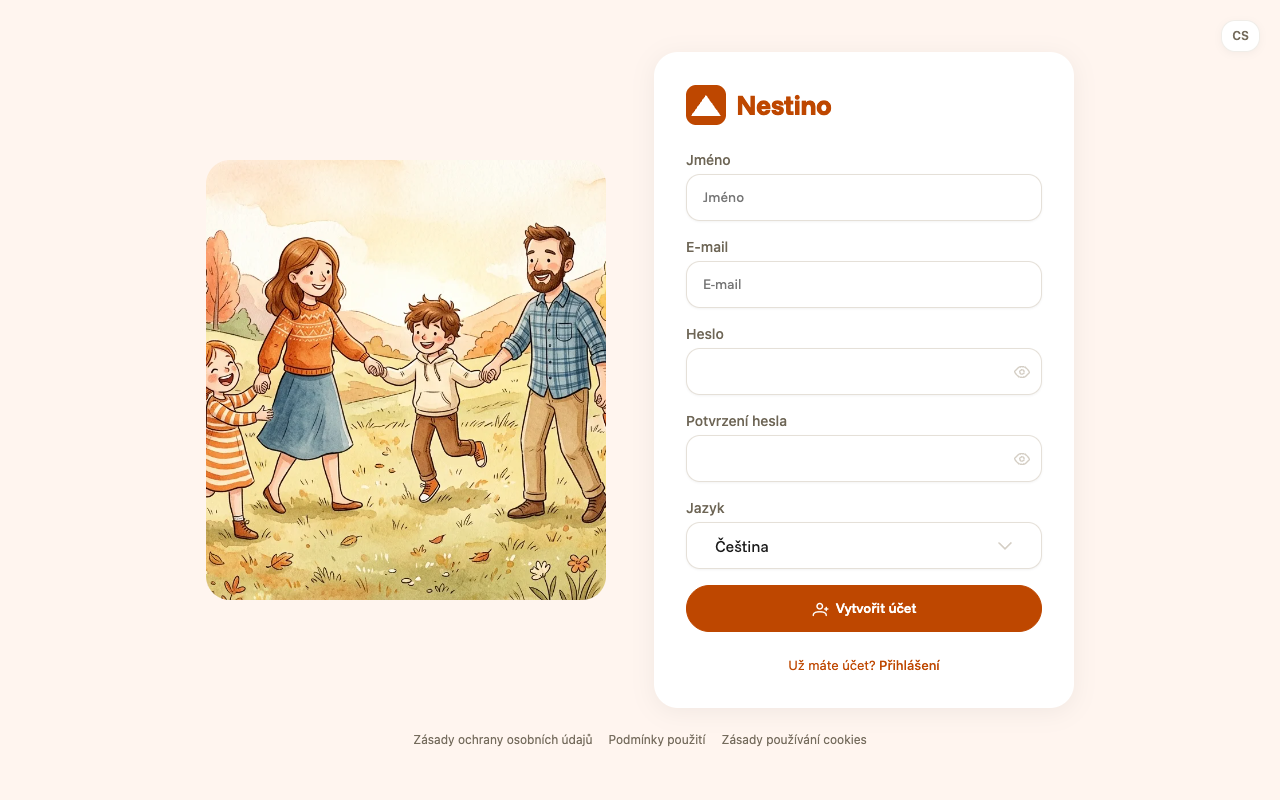 Registrační formulář s poli Jméno, E-mail, Heslo, Potvrzení hesla a Jazyk