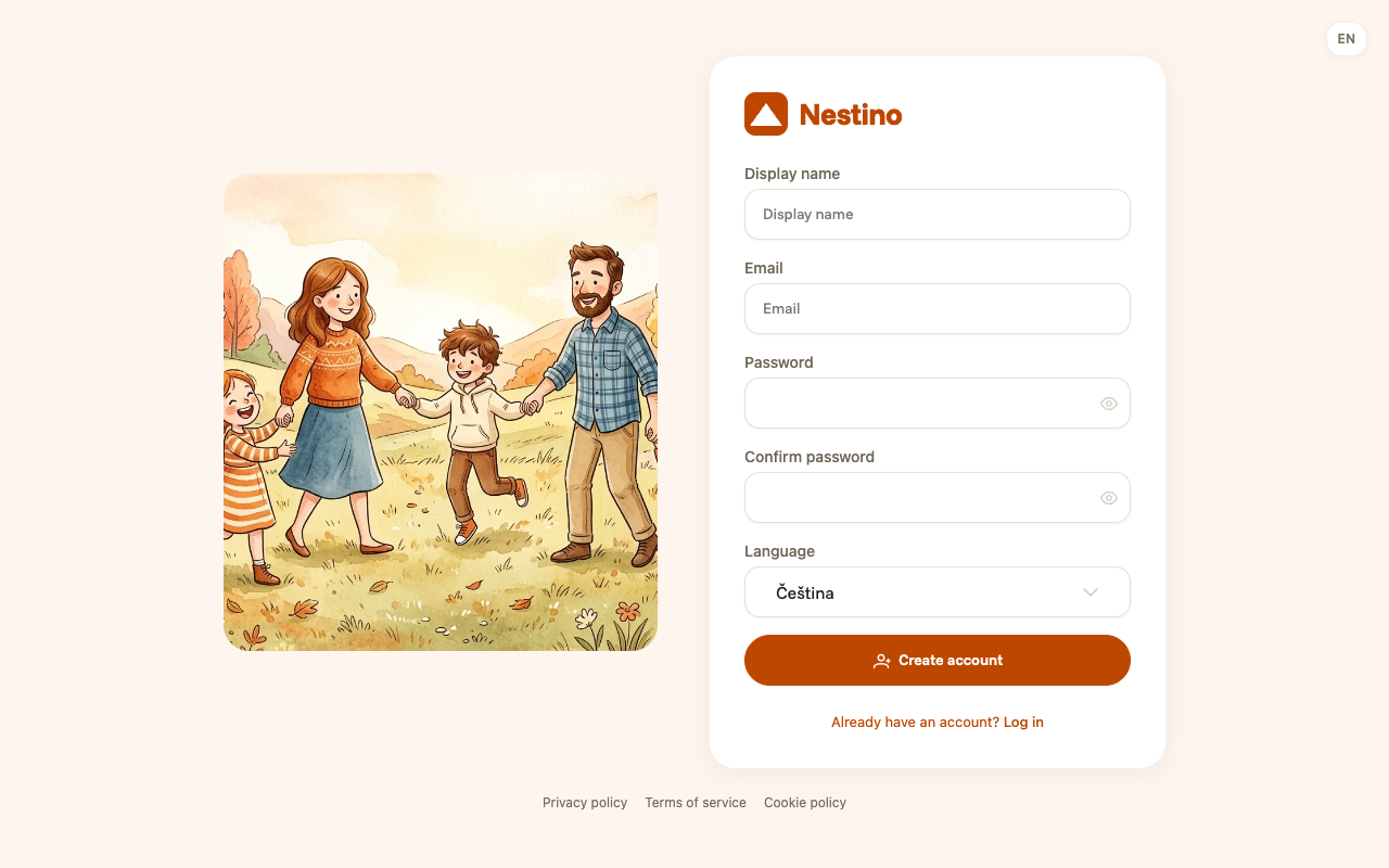 The registration form with the Display name, Email, Password, Confirm password and Language fields