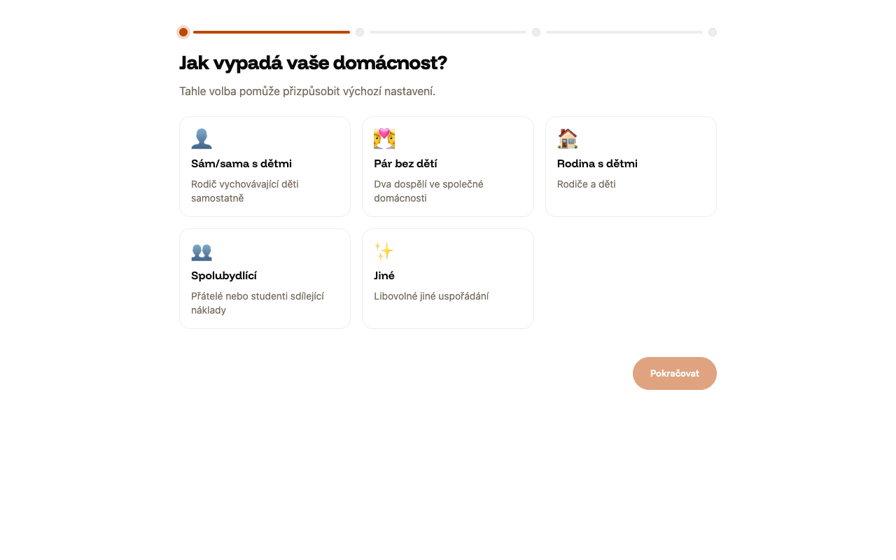 Krok 1 průvodce: pět karet typu domácnosti a neaktivní tlačítko Pokračovat