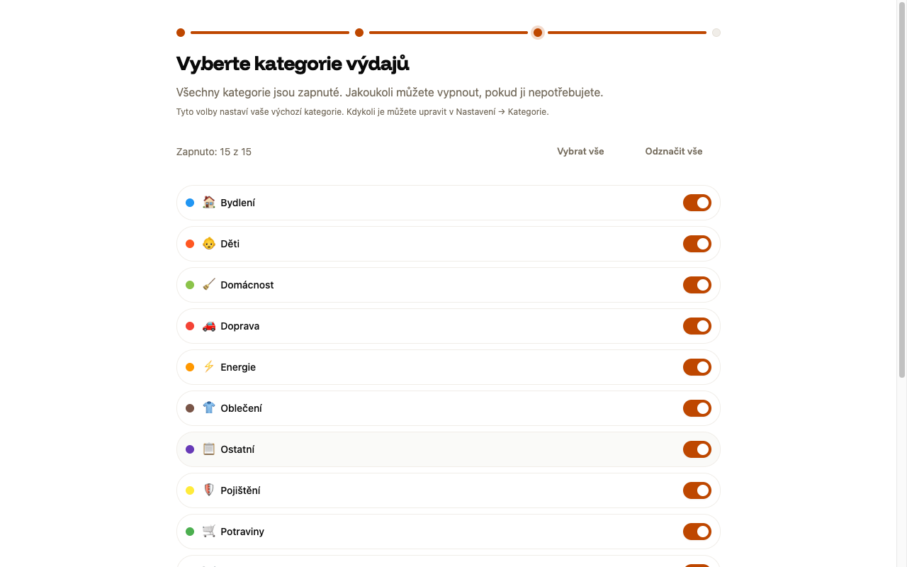 Krok 3 průvodce: patnáct kategorií výdajů s počítadlem Zapnuto 15 z 15