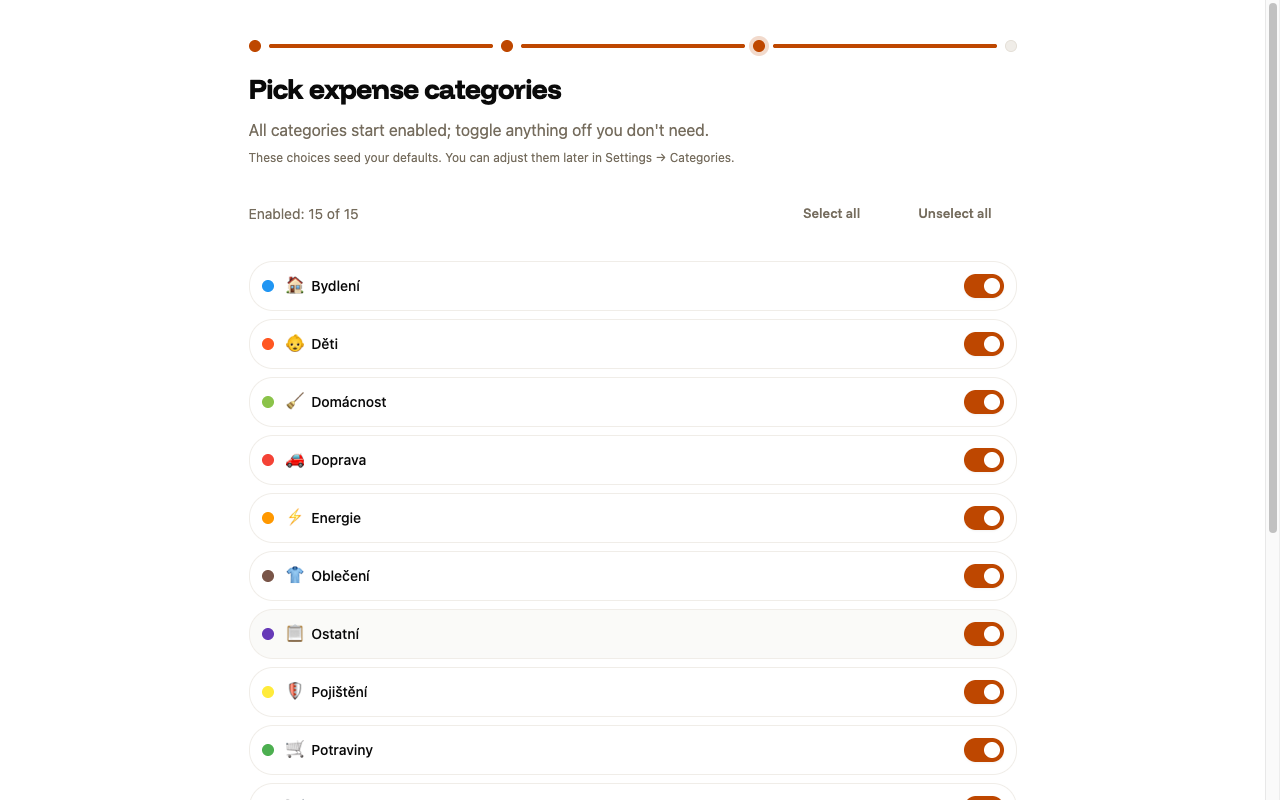 Step 3 of the wizard: fifteen expense categories with the Enabled 15 of 15 counter