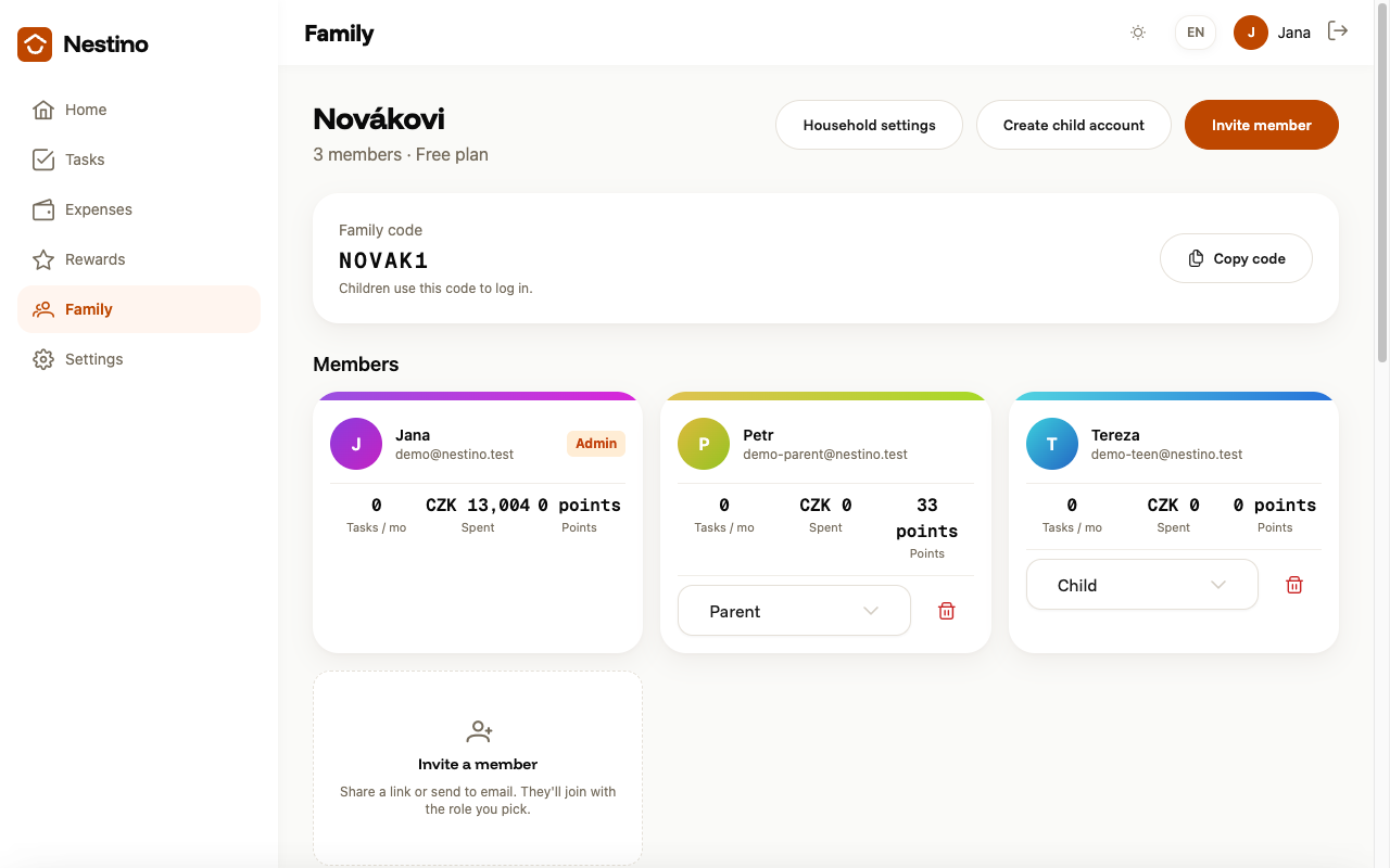 The Family page with the Family code card, a Copy code button, and member cards