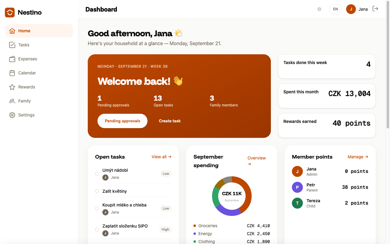 A family dashboard: a hero card with three counters, mini tiles, and an Open tasks, expenses and Member points row
