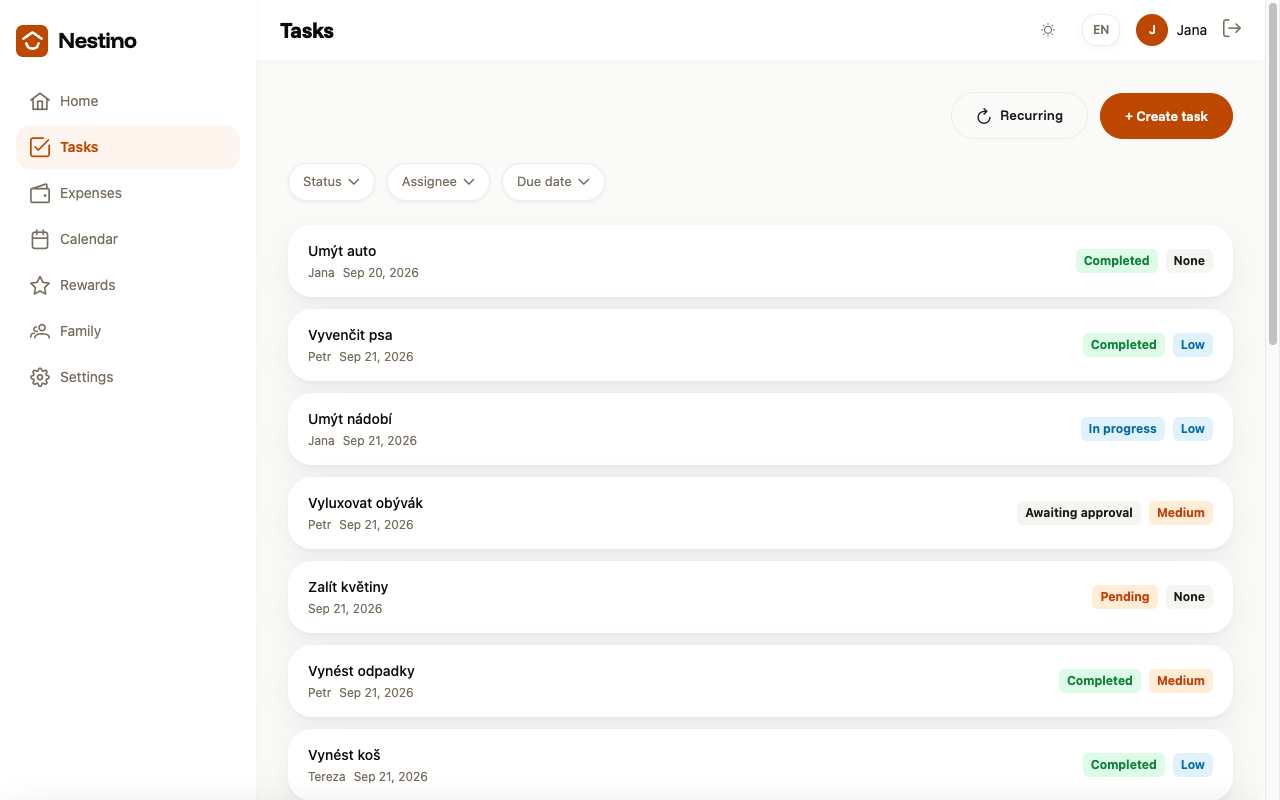 The task list with the Status, Assignee and Due date filters and the + Create task button