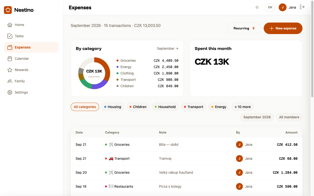 The expense overview with a pie chart by category, a Spent this month tile and a table of expenses